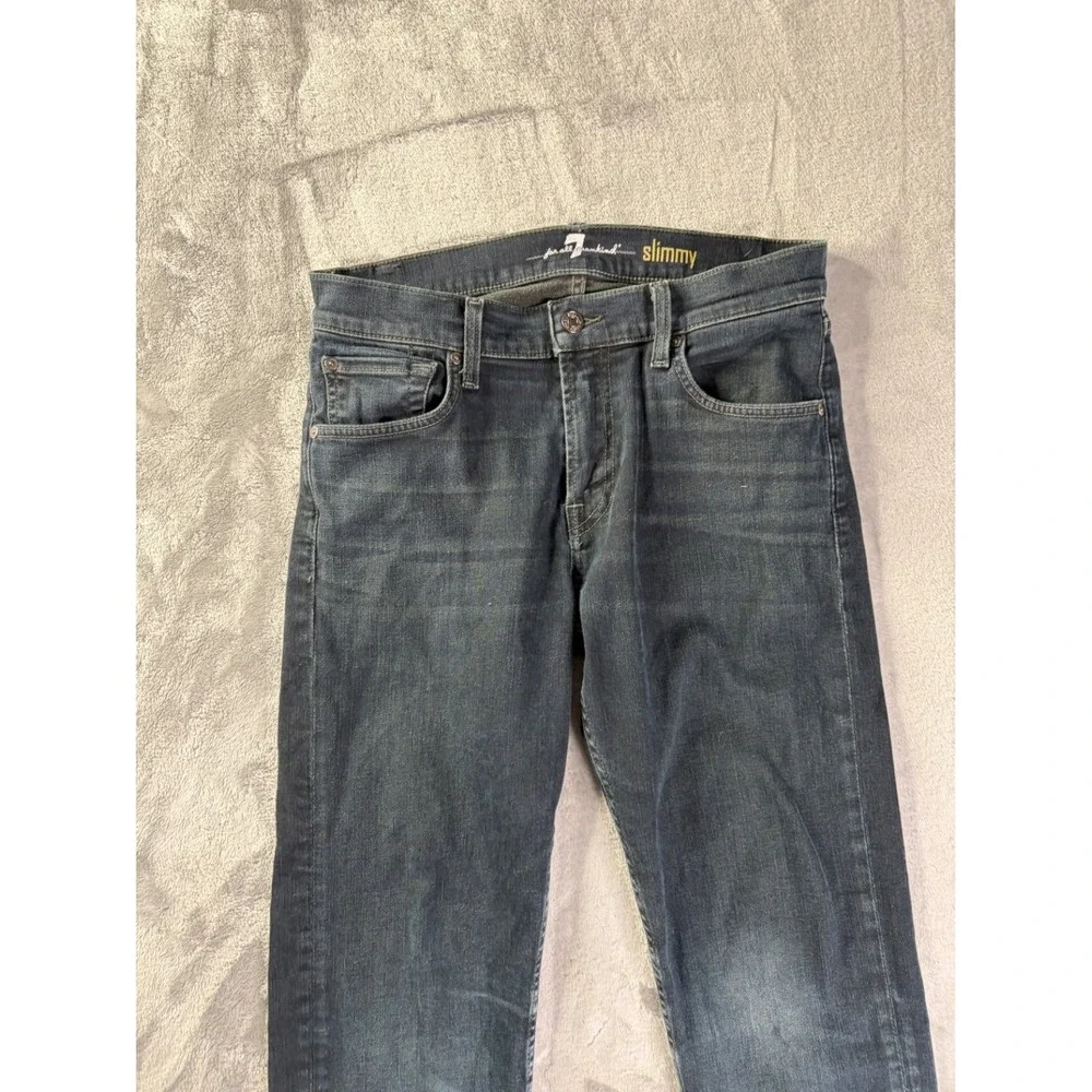 VTG USA 7 For All Mankind Jeans Slimmy Mens 31x28 Blue Embroidered Stretch